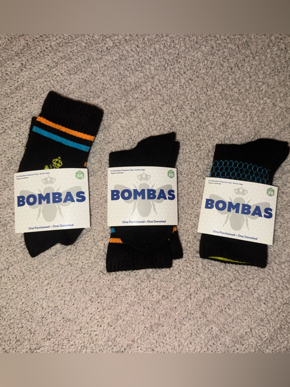 Bombas Youth Black Casual Socks with Blue & Orange Accents - 3 Pack Sz XS